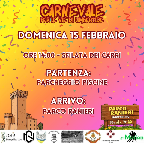 CARRI ALLEGORICI, MASCHERE E SPETTACOLO: UMBERTIDE ACCENDE IL CARNEVALE 2026 CON LA GRANDE SFILATA E UN CALENDARIO RICCO DI EVENTI