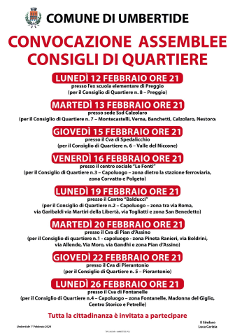Convocate assemblee dei Consigli di Quartiere
