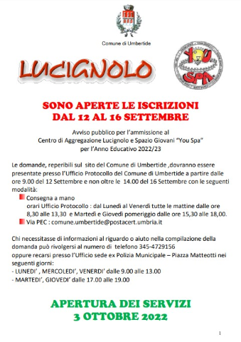Dal 12 settembre al via le iscrizioni per i centri Lucignolo e You Spa