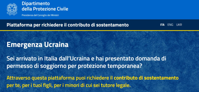 Emergenza Ucraina, piattaforma per richiedere il contributo di sostentamento
