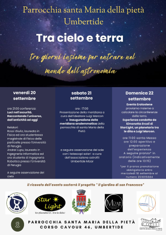 “Tra cielo e terra: tre giorni insieme per entrare nel mondo dell'astronomia". Dal 20 al 22 settembre, presso la Parrocchia di Santa Maria della Pietà