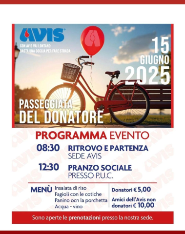 AVIS UMBERTIDE, DOMENICA 15 GIUGNO TORNA LA BICICLETTATA DEL DONATORE