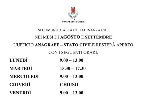 ORARI DI APERTURA UFFICIO ANAGRAFE - STATO CIVILE NEI MESI DI AGOSTO E SETTEMBRE 2025