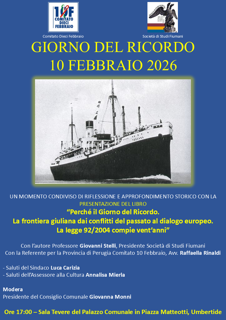 GIORNATA DEL RICORDO: A UMBERTIDE UN MOMENTO DI MEMORIA, STORIA E APPROFONDIMENTO SULL’ESODO GIULIANO-DALMATA