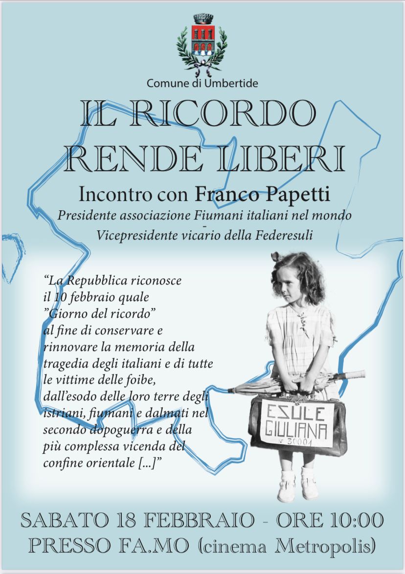 Giorno del Ricordo, il 18 febbraio l'incontro con il presidente dell'Associazione Fiumani italiani nel Mondo e vicepresidente della Federesuli Franco Papetti al Cinema Metropolis