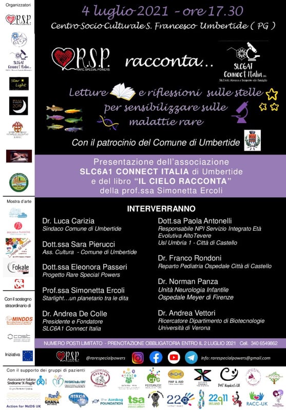 Domenica 4 luglio a Umbertide l'evento “RSP racconta... SLC6A1. Letture e riflessioni sulle stelle per sensibilizzare sulle malattie rare” 