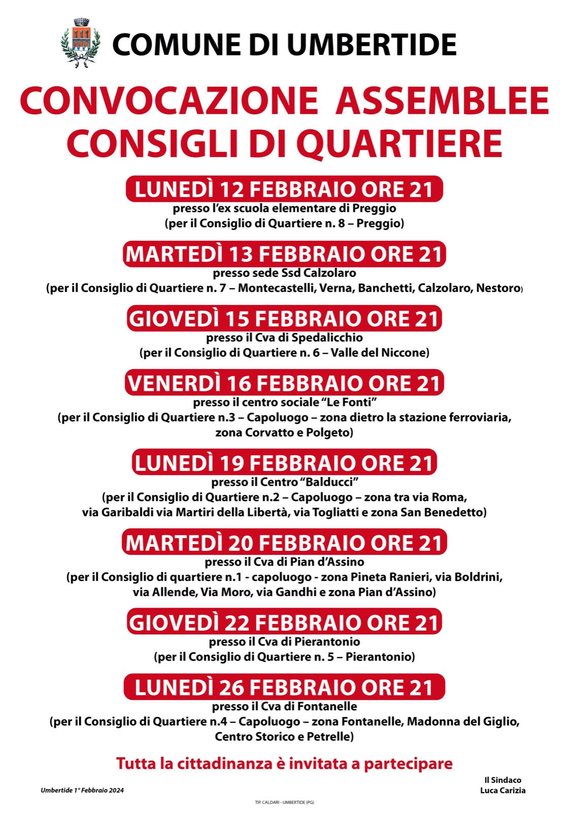 Convocate assemblee dei Consigli di Quartiere
