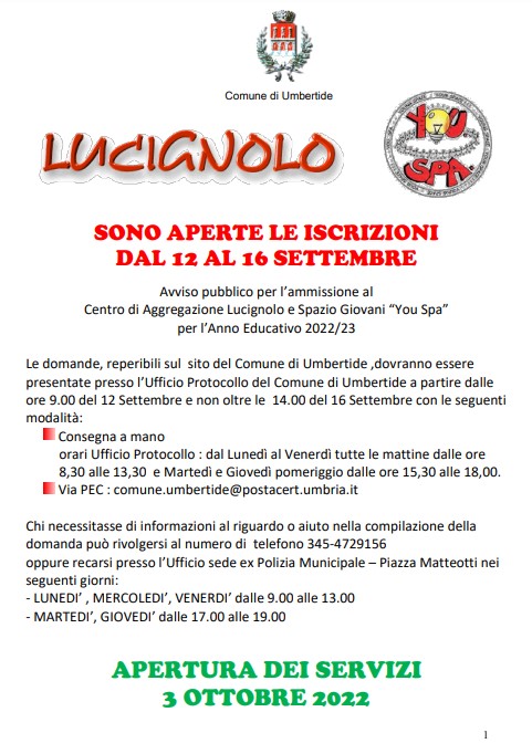Dal 12 settembre al via le iscrizioni per i centri Lucignolo e You Spa