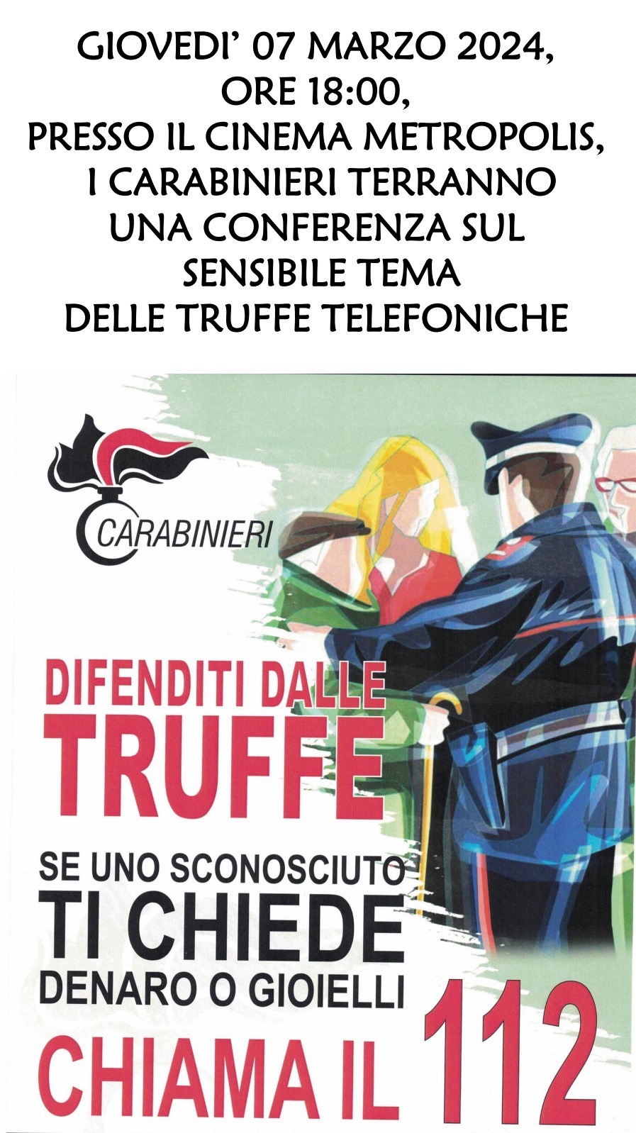 Incontro al cinema Metropolis sulle “Truffe agli anziani”