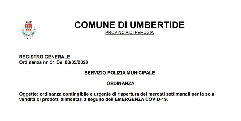Firmata l’ordinanza di riapertura, regolamentazione  e riorganizzazione dei mercati settimanali per la sola vendita di prodotti alimentari