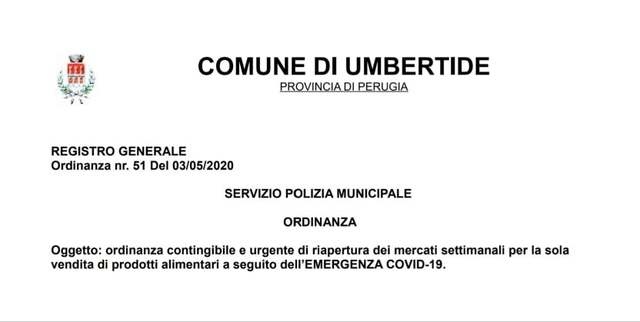 Firmata l’ordinanza di riapertura, regolamentazione  e riorganizzazione dei mercati settimanali per la sola vendita di prodotti alimentari
