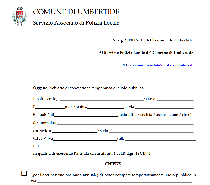 Disponibile sul sito del Comune di Umbertide il modulo per richiedere l'estensione di suolo pubblico