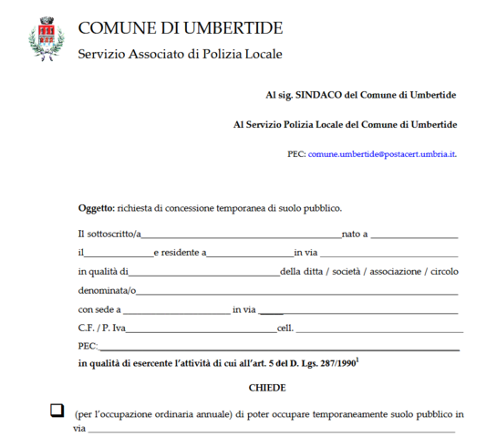 Disponibile sul sito del Comune di Umbertide il modulo per richiedere l'estensione di suolo pubblico