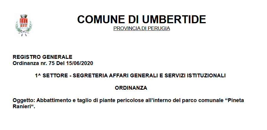 Ordinanza - Abbattimento e taglio di piante pericolose all'interno del parco comunale "Pineta Ranieri"