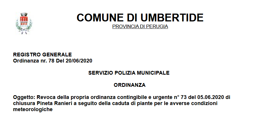 Revoca ordinanza di chiusura della Pineta Ranieri 