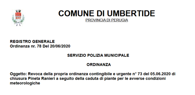 Revoca ordinanza di chiusura della Pineta Ranieri 