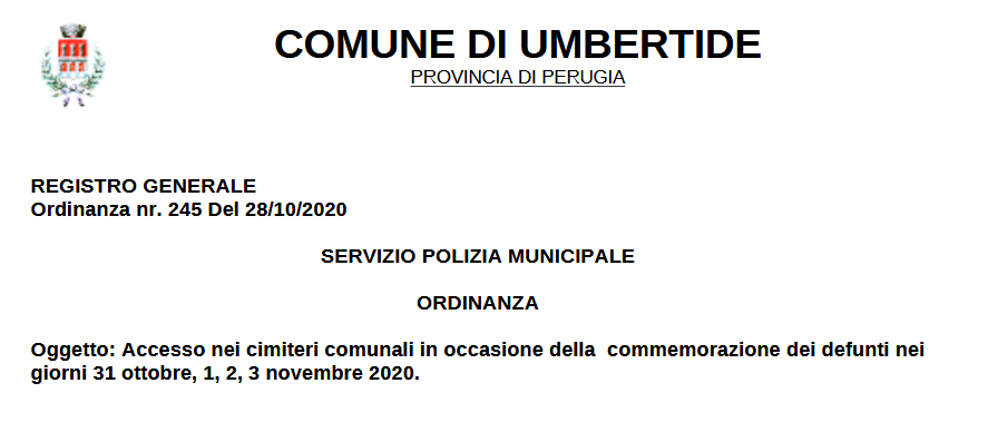 Commemorazione dei defunti, firmata l'ordinanza per l'accesso nei cimiteri comunali