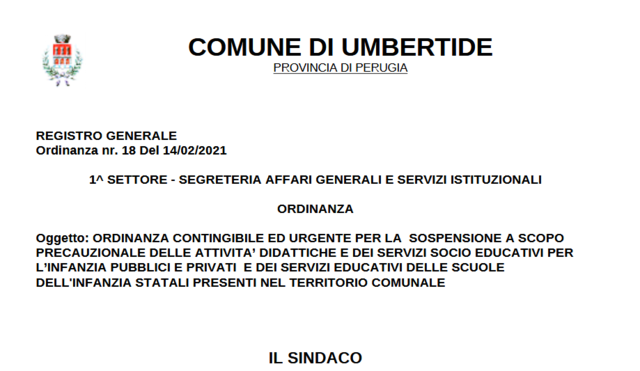 Ordinanza per la sospensione delle attività didattiche e dei servizi socio-educativi per l'infanzia pubblici e privati e dei servizi educativi delle scuole dell'infanzia statali 