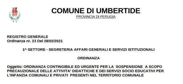 Ordinanza per la sospensione a scopo precauzionale delle attività didattiche e dei servizi socio-educativi per l'infanzia comunali e privati presenti nel territorio comunale